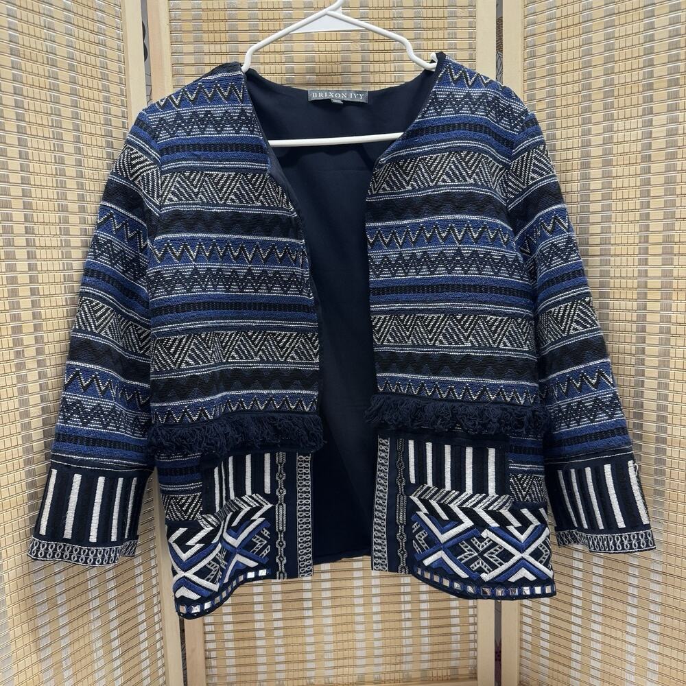 Brixon Ivy Open Blazer Jacket Women's Large Blue Striped Geometric Textured 3/4